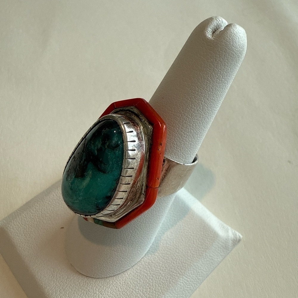 Tony Sanchez Handmade Sterling Silver Turquoise Coral Malachite Jet Ring Size 7 - Picture 5 of 9